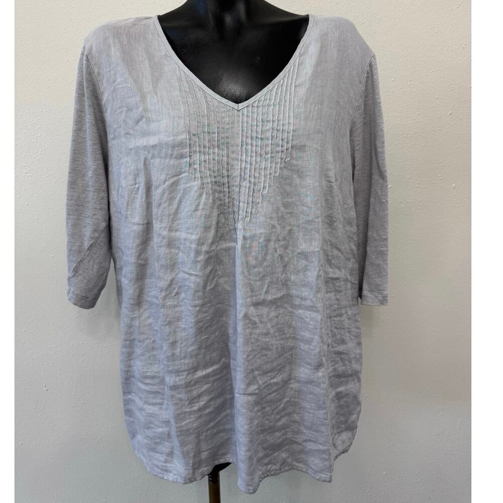 J. Jill Love Linen Tunic Women's Sz XL Gray Pin Tuck V-Neck 3/4 Sleeve Boho Boxy